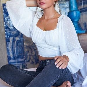 Cute white Swiss dot sheer sleeves milkmaid blouse